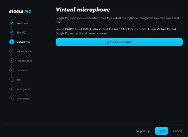 Giggle Pig setup, virtual microphone step, with the Install VB-CABLE button
