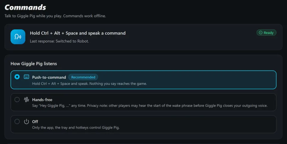 Giggle Pig commands page: hold Ctrl + Alt + Space and speak a command, with push-to-command, hands-free and off modes