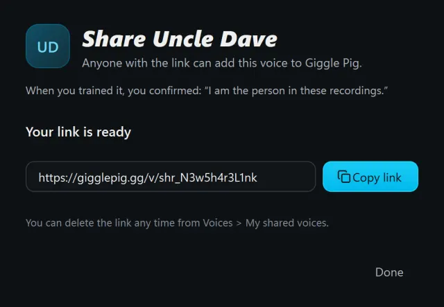 Share dialog for a trained voice: your link is ready, with a Copy link button