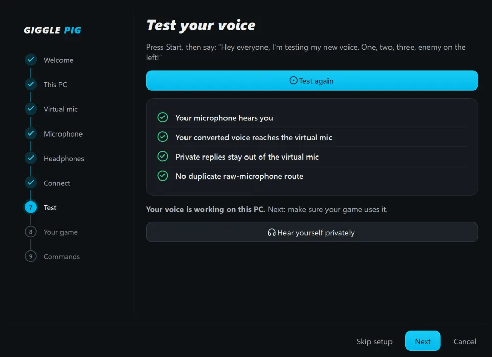 Giggle Pig setup, test step: your microphone hears you and your converted voice reaches the virtual mic, all checks passed