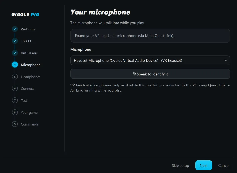 Giggle Pig setup, microphone step: found your VR headset's microphone via Meta Quest Link